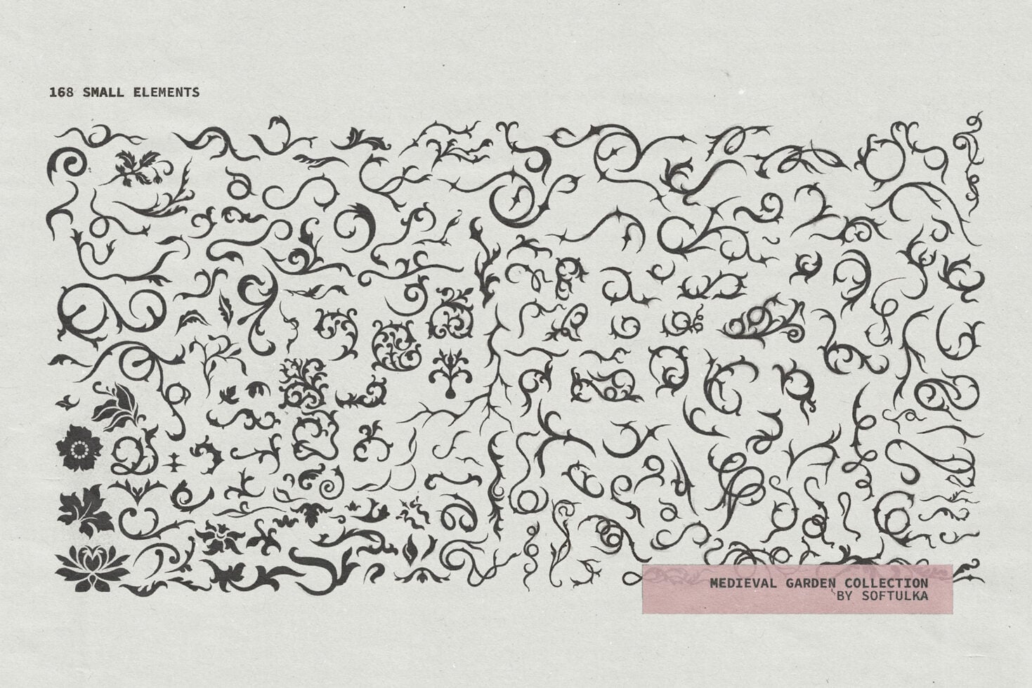 168 tiny ornamental flourishes, scrolls, vines with small leaves spread across cream paper