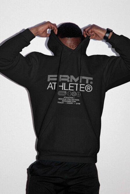 Back view of black hoodie stretched arms up showing full back print design