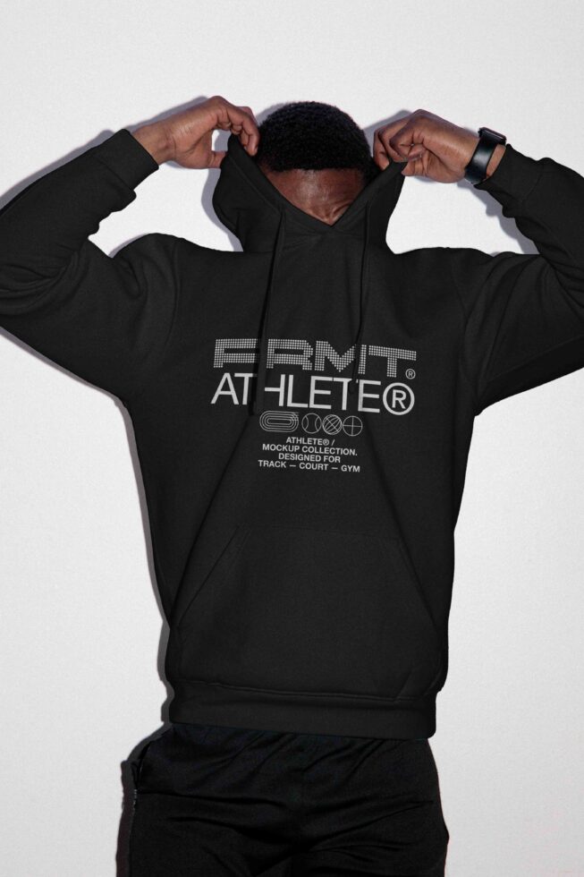 Back view of black hoodie stretched arms up showing full back print design
