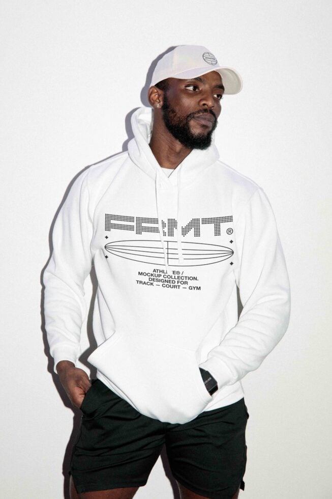Man wearing white hoodie with surfboard graphic print mockup on white