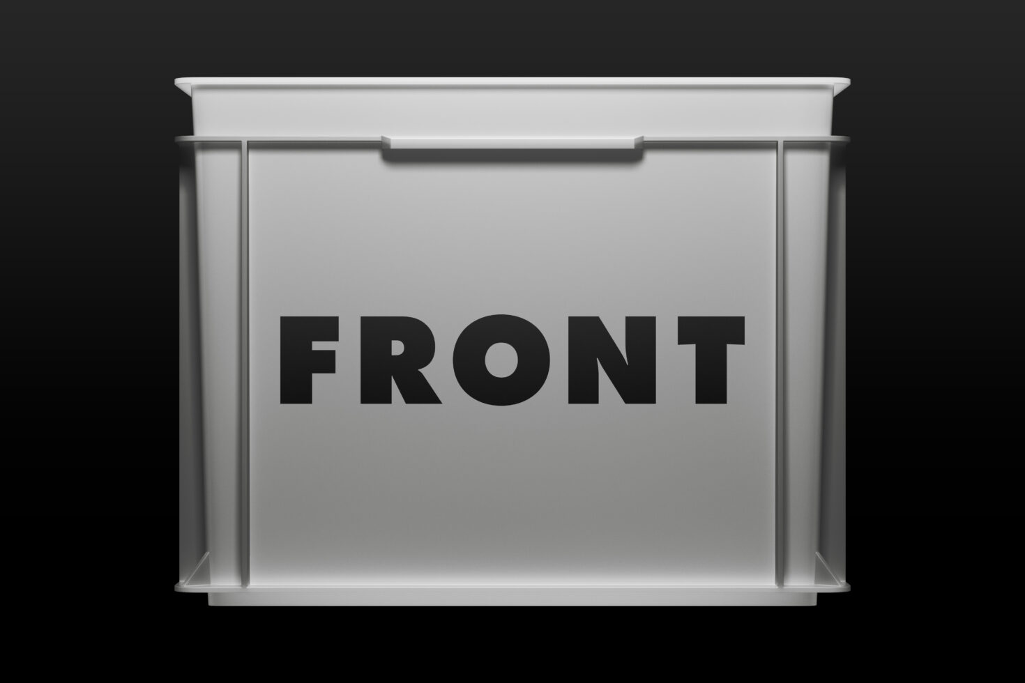White display case with FRONT text centered on light background