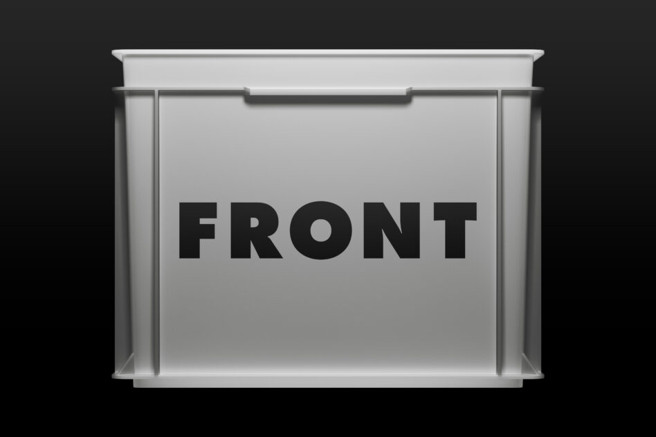 White display case with FRONT text centered on light background