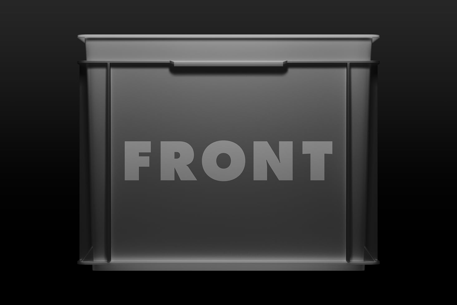 Dark gray display case with embossed FRONT text on black