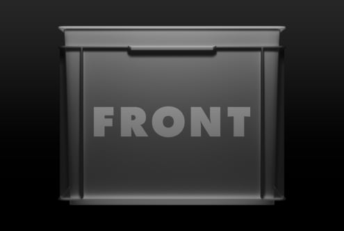 Dark gray display case with embossed FRONT text on black