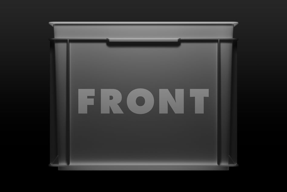 Dark gray display case with embossed FRONT text on black