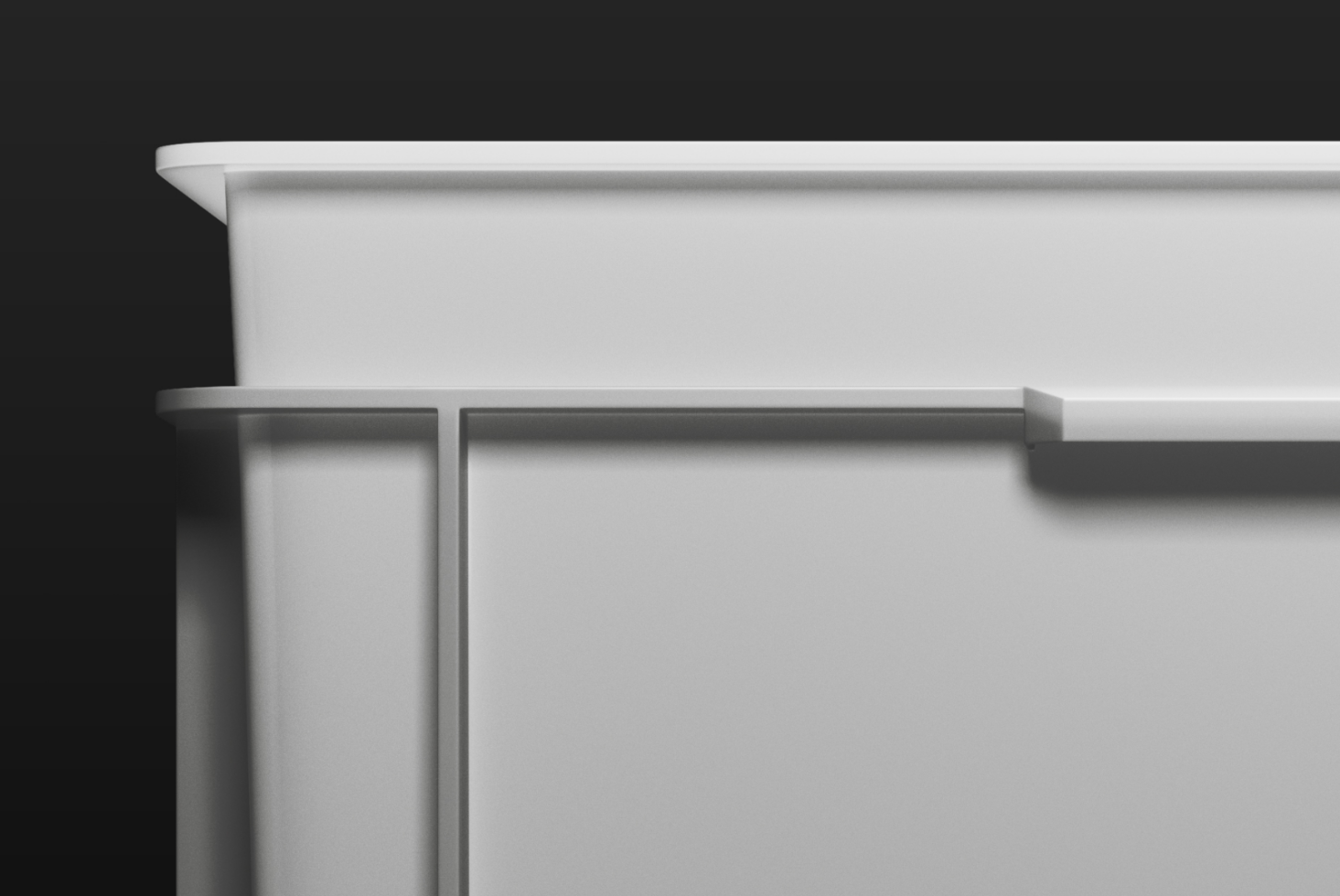 White shelf corner detail with beveled edge trim on dark background