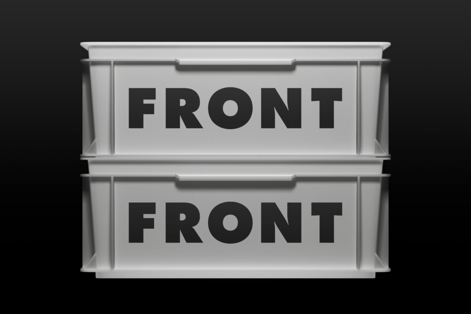 Light gray dual-drawer storefront mockup with black FRONT text