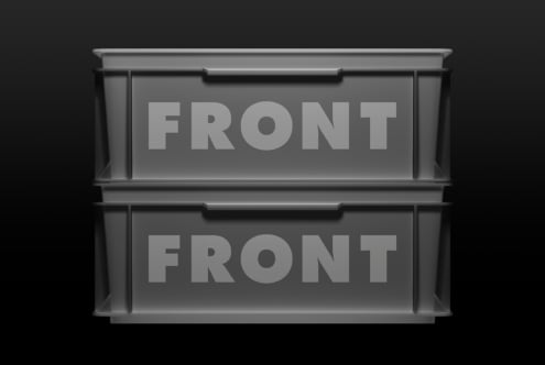 Dark gray dual-drawer storefront with embossed gray FRONT text