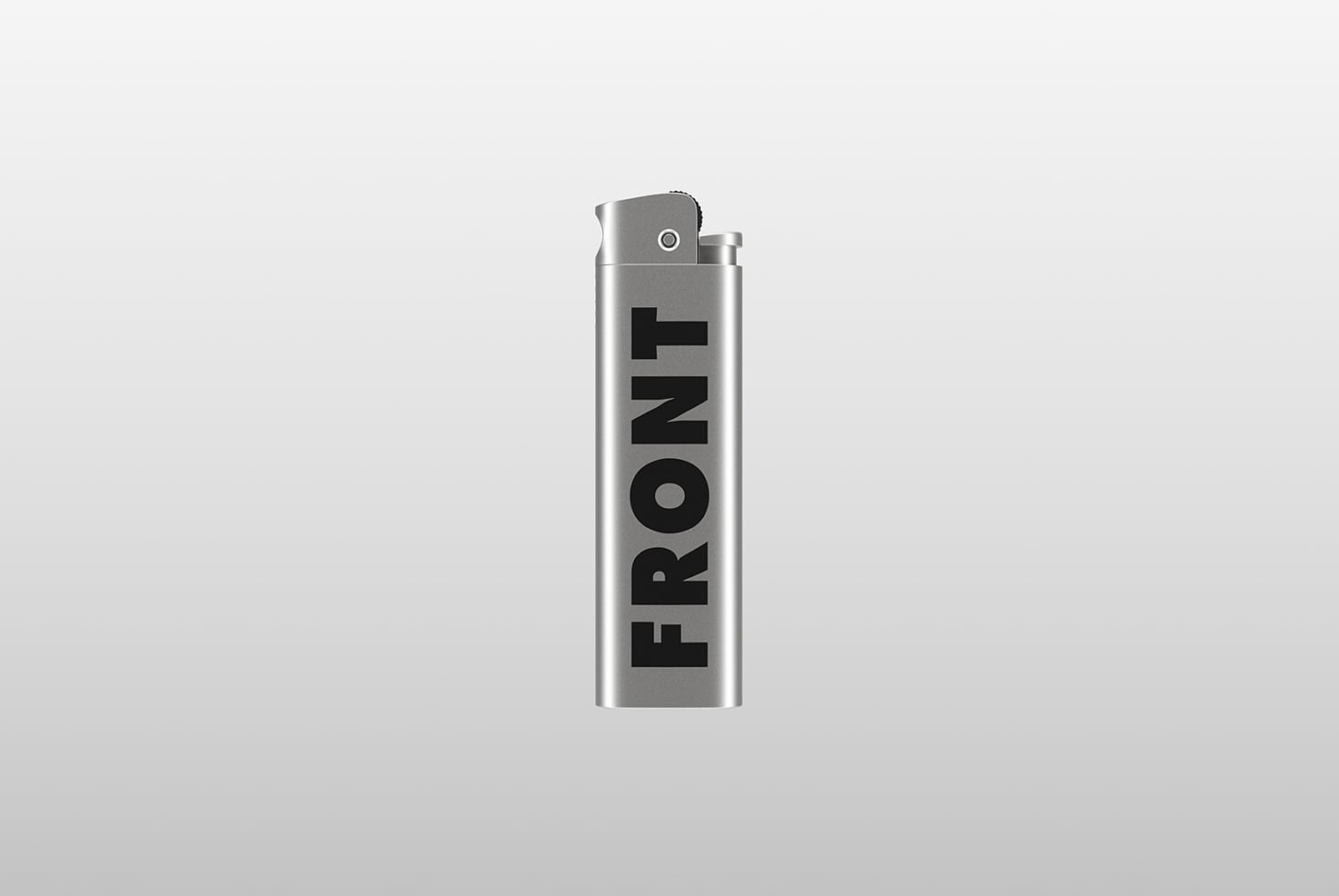 Silver lighter with FRONT text printed vertically in black