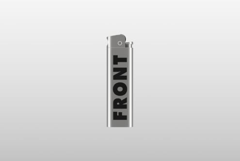 Silver lighter with FRONT text printed vertically in black