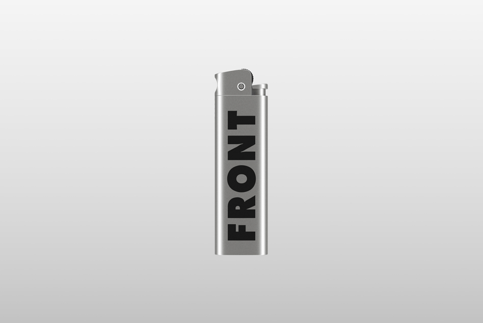Silver lighter with FRONT text printed vertically in black