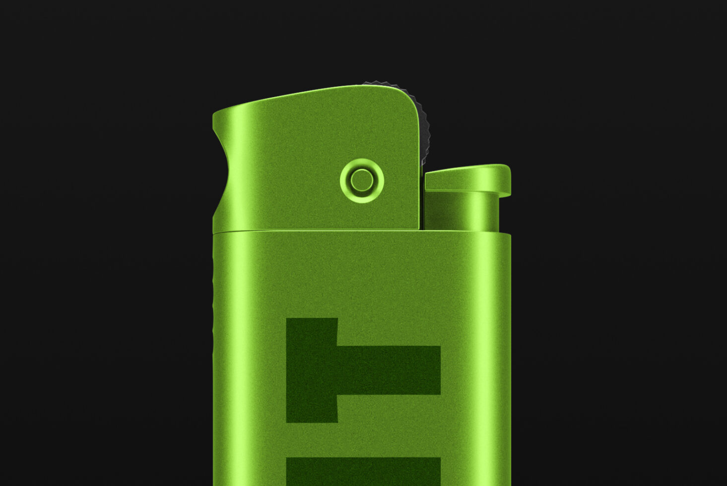 Bright green lighter mockup with circular logo detail on dark background