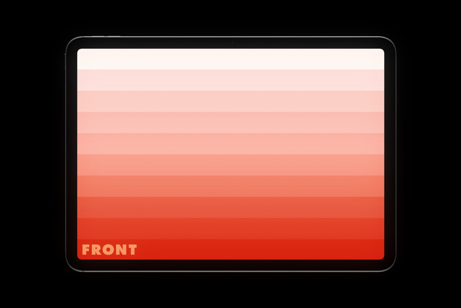 Landscape tablet showing coral gradient fade with front label text