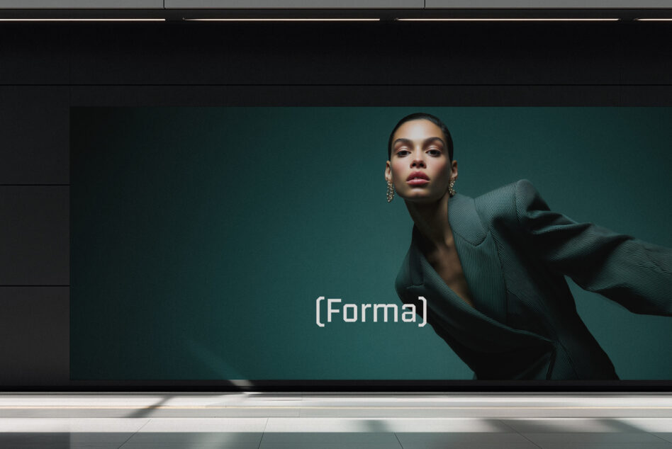 Woman in textured teal blazer on large screen mockup in modern gallery space