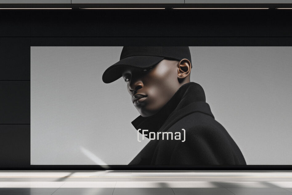 Figure in black cap looking back at camera on gallery screen display mockup