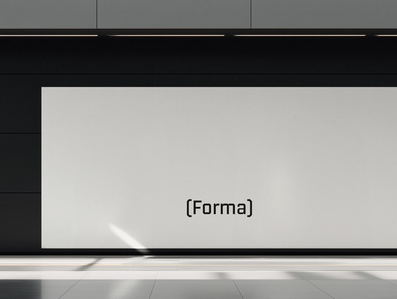 Minimal storefront mockup with forma text on light gray wall black frame