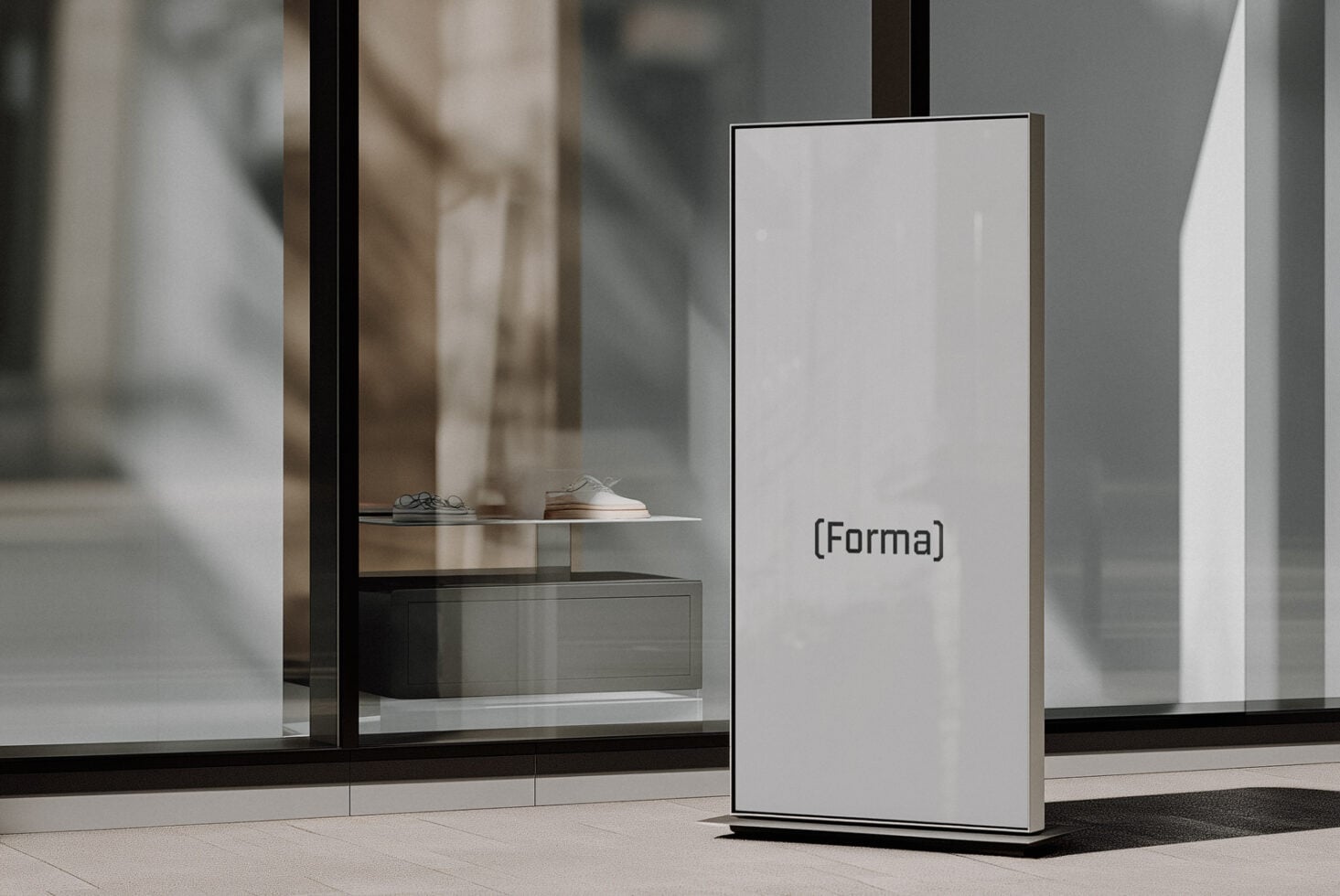 Empty white display screen mockup in modern storefront window setting