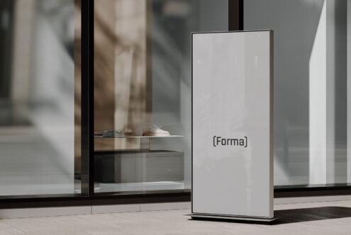 Empty white display screen mockup in modern storefront window setting
