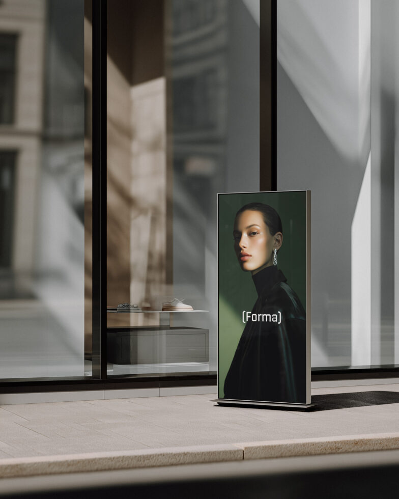 Vertical display screen mockup showing woman's profile on green backdrop