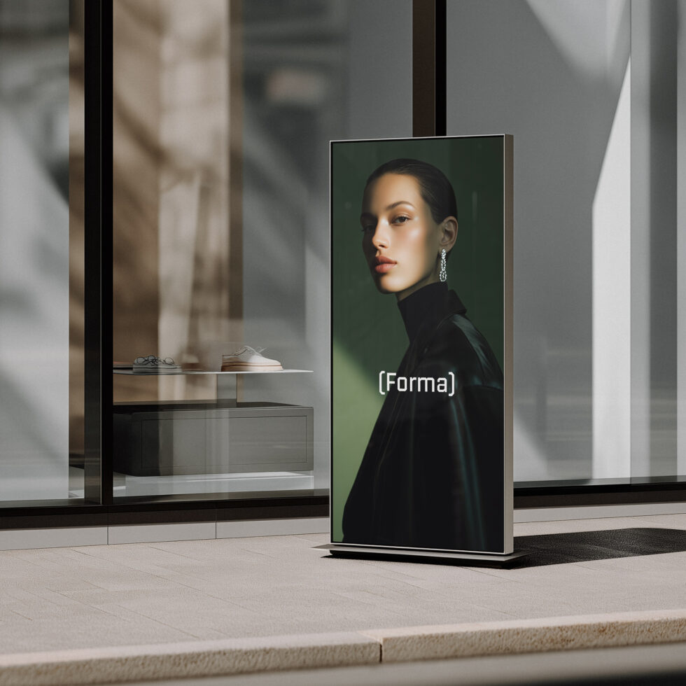 Tall digital display mockup with green background portrait in modern storefront