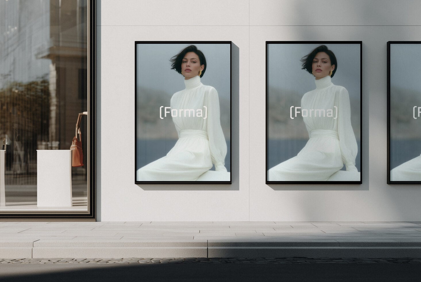 Storefront window displaying framed portrait photography mockups with black frames