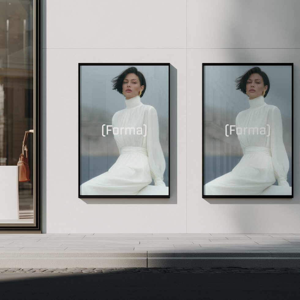 Two framed portrait photos on white gallery wall showing woman in white turtleneck