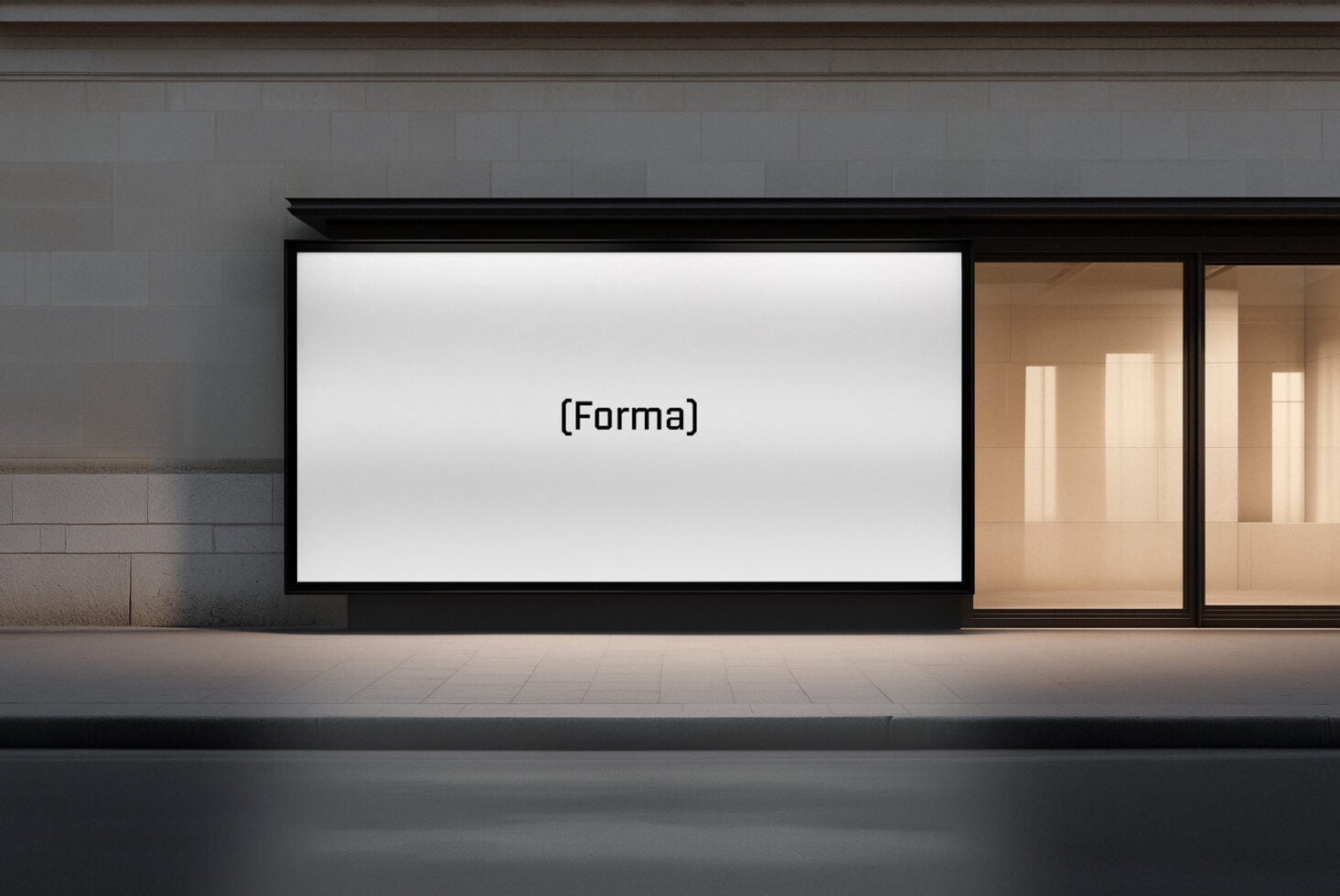 Shop window with blank white display screen between wooden interior spaces