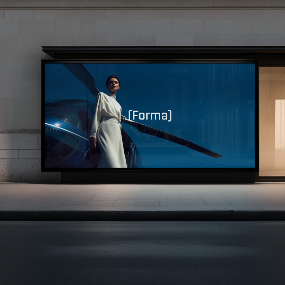 Storefront display screen showing woman in white outfit next to blue car