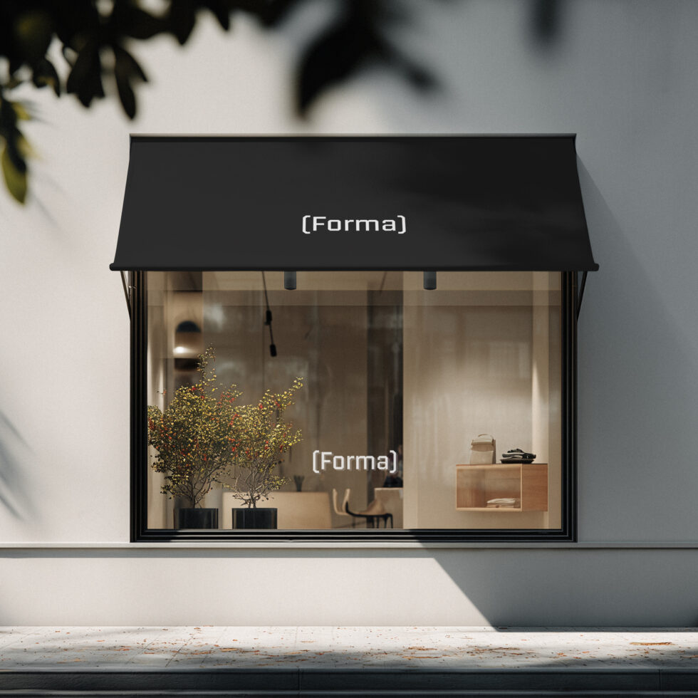 Minimal retail storefront mockup with black awning on sunny street