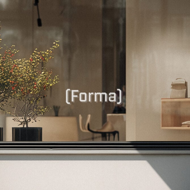 Modern storefront interior reflection in glass with [Forma] branding