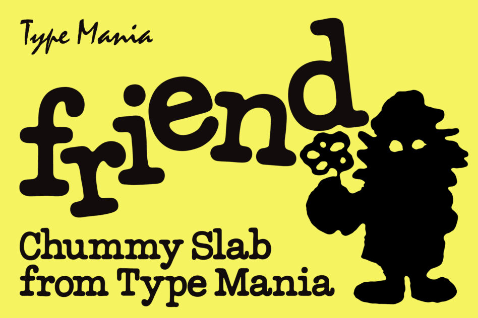 Type Mania logo text with character silhouette breathing fire on yellow ground