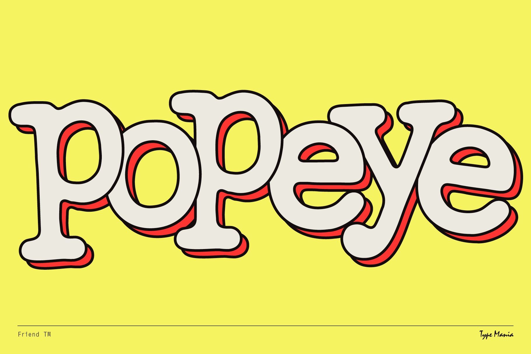 Popeye typeface in bold 3D outline style on bright yellow background