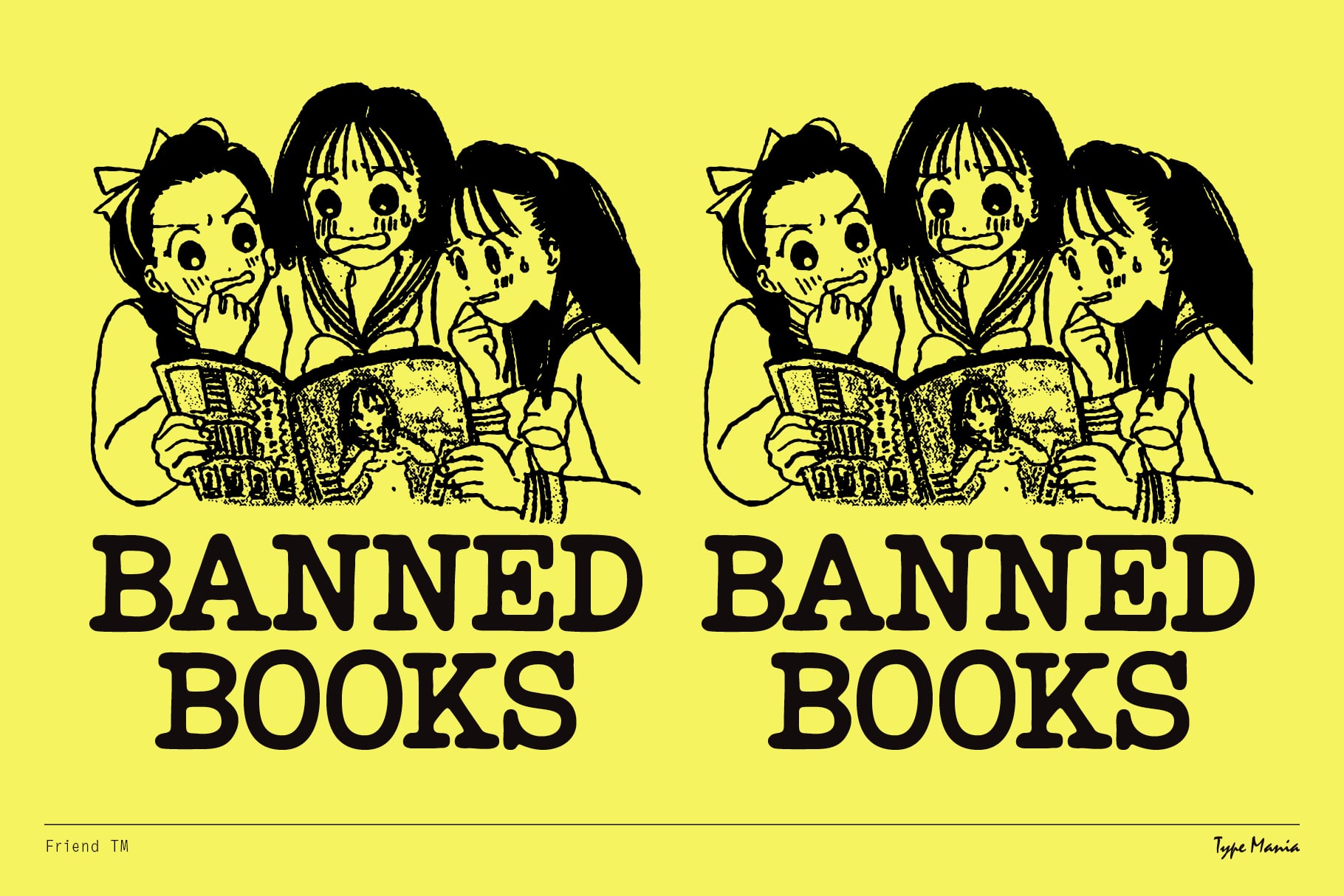 Two identical yellow panels showing kids reading banned books with shocked expressions