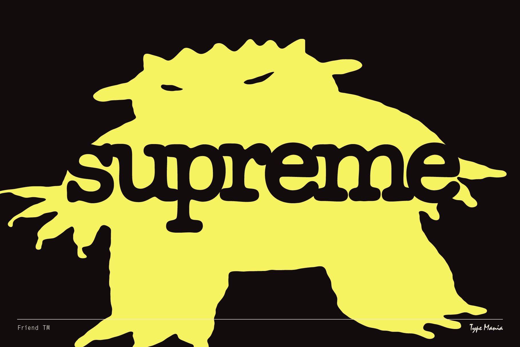 Bright yellow spiky creature silhouette with black slab serif text reading Supreme