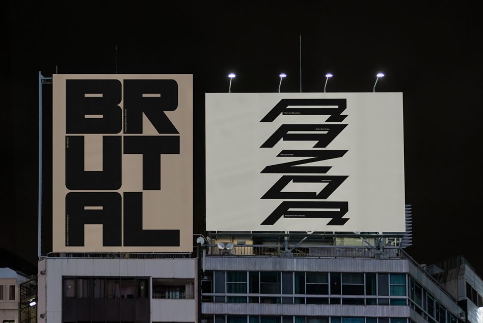 Night rooftop billboards showing geometric black designs on beige, one blank