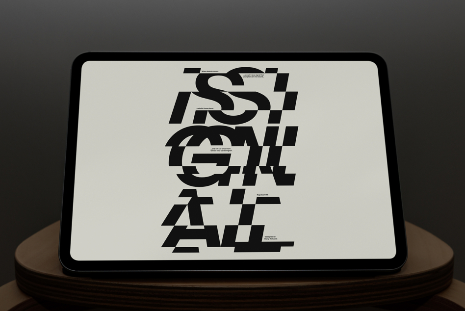Tablet mockup showing geometric typography layout on white background