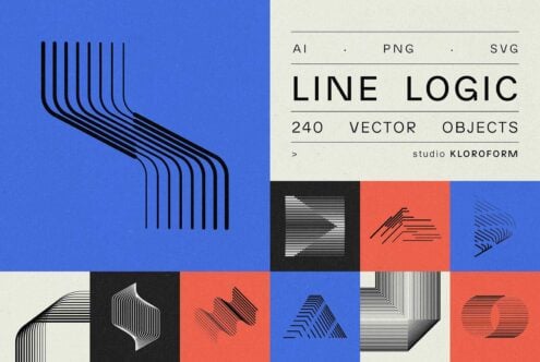 Line Logic vector graphics collection featuring 240 black line objects on blue cream red