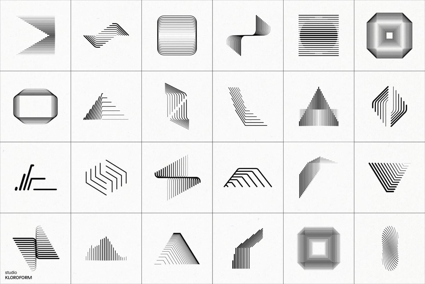 Grid of 24 minimalist line art icons with striped geometric shapes on white