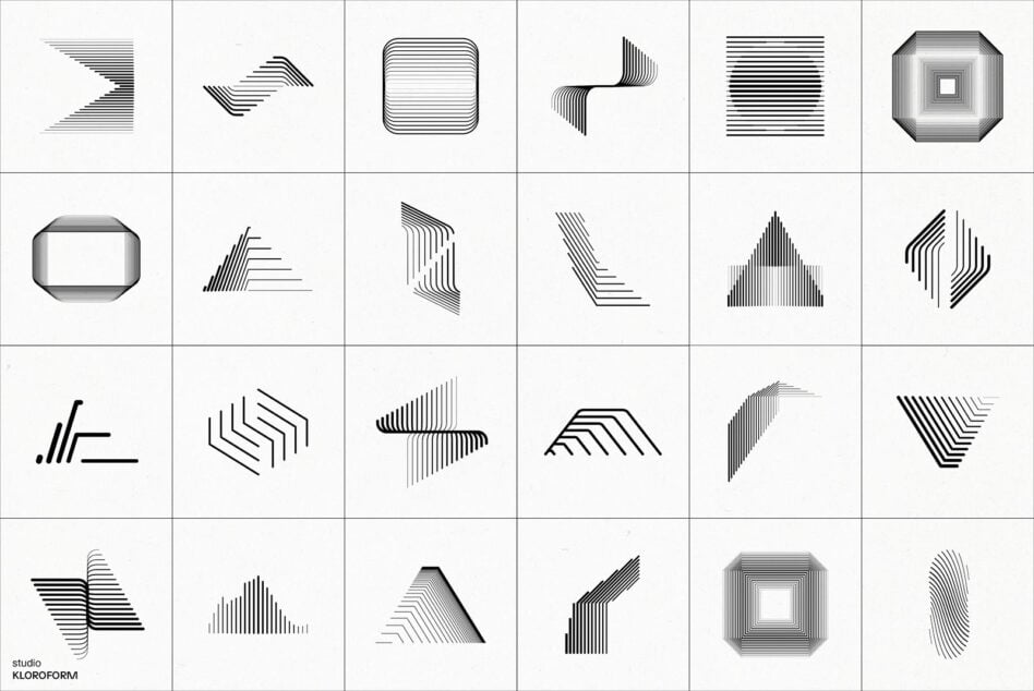 Grid of 24 minimalist line art icons with striped geometric shapes on white