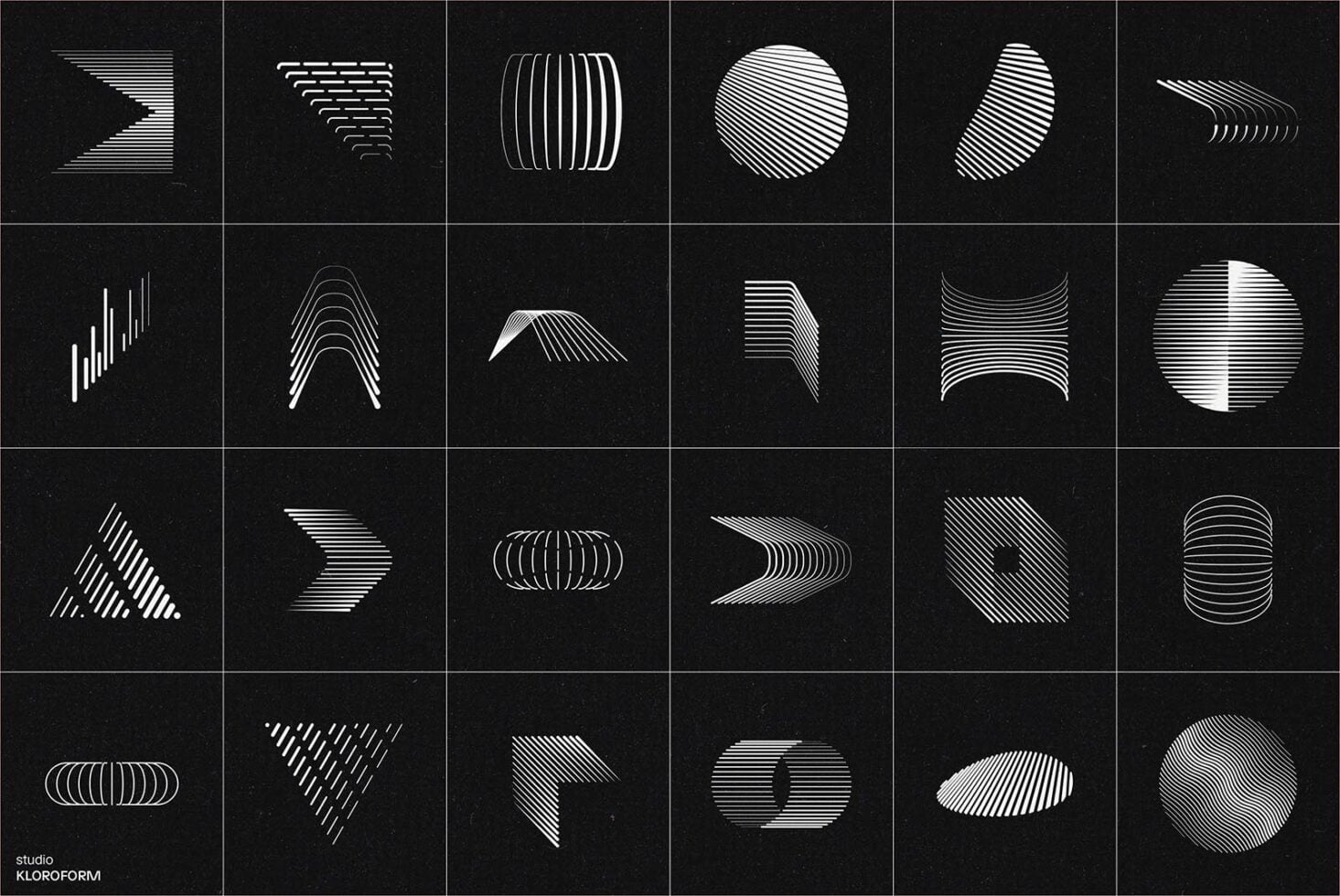 Grid of 24 minimalist line art icons with striped geometric shapes on black