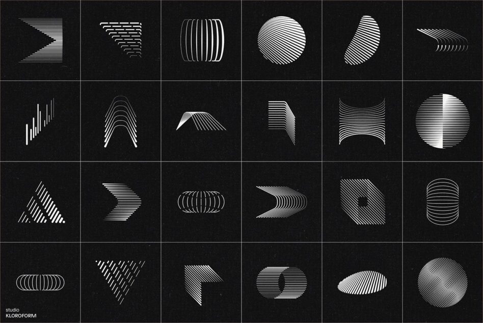 Grid of 24 minimalist line art icons with striped geometric shapes on black