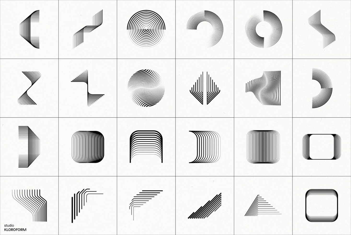 24 line-based vector shapes, concentric circles, curves, arcs, waves, linear minimalism