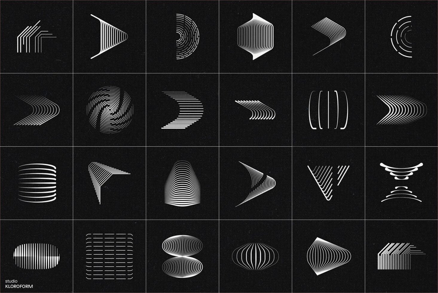 24 white line art icons on black, organic curves, circles, geometric abstraction, line texture