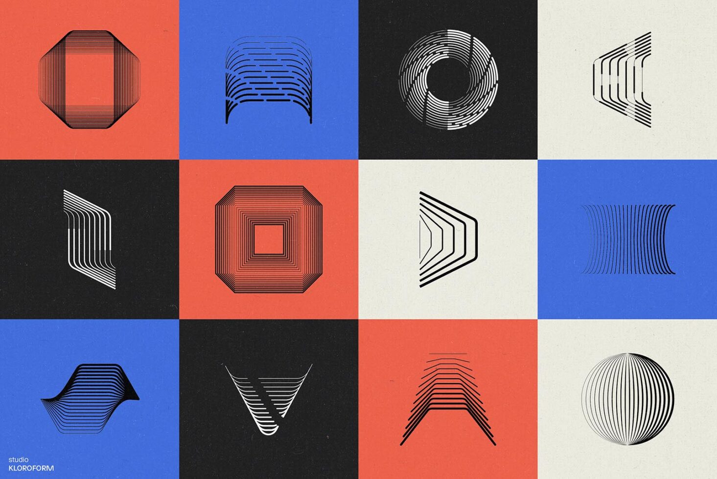 12 geometric line art shapes split across colored squares, red, blue, black, cream sections