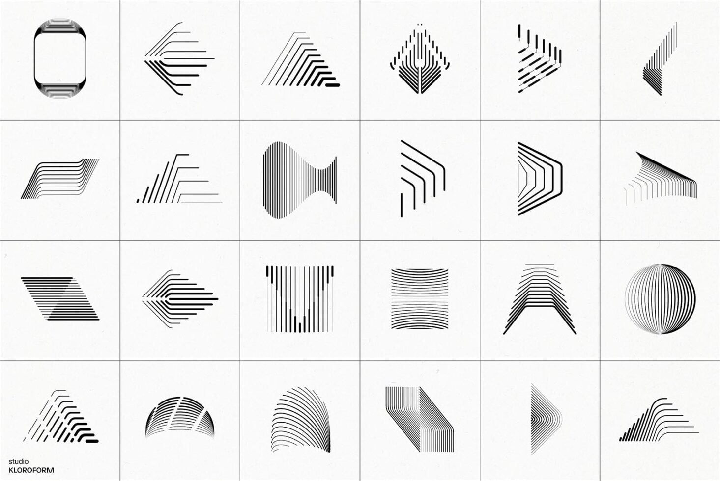 Grid of 24 line-based geometric icons, abstract forms, concentric shapes, minimal design