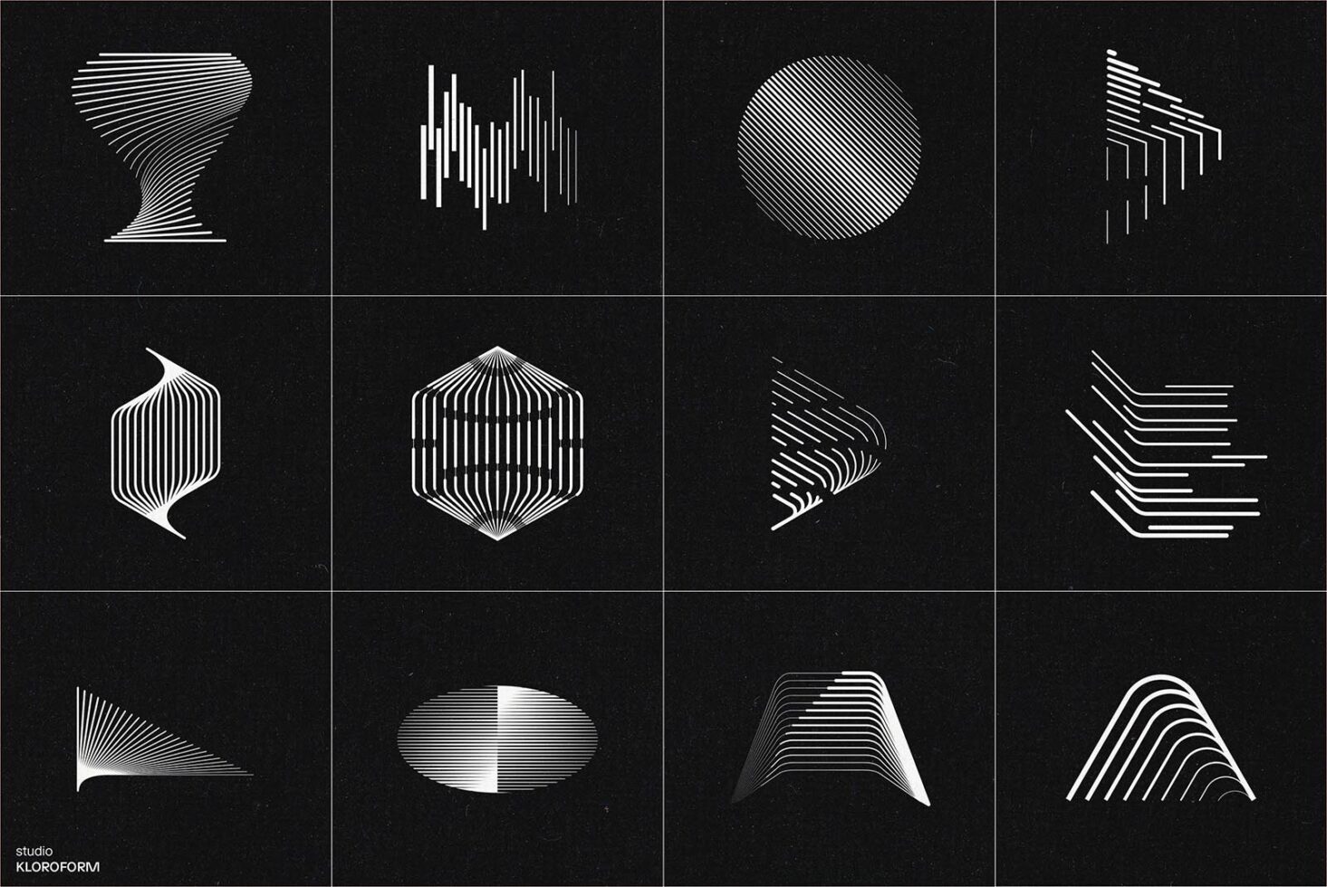 12 white line art shapes on black background, geometric forms with linear texture fills