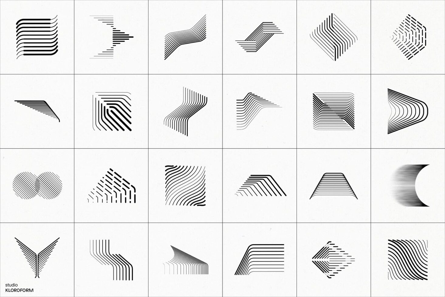 Grid of 24 line-based abstract shapes, wavy forms, layered patterns, minimalist line work