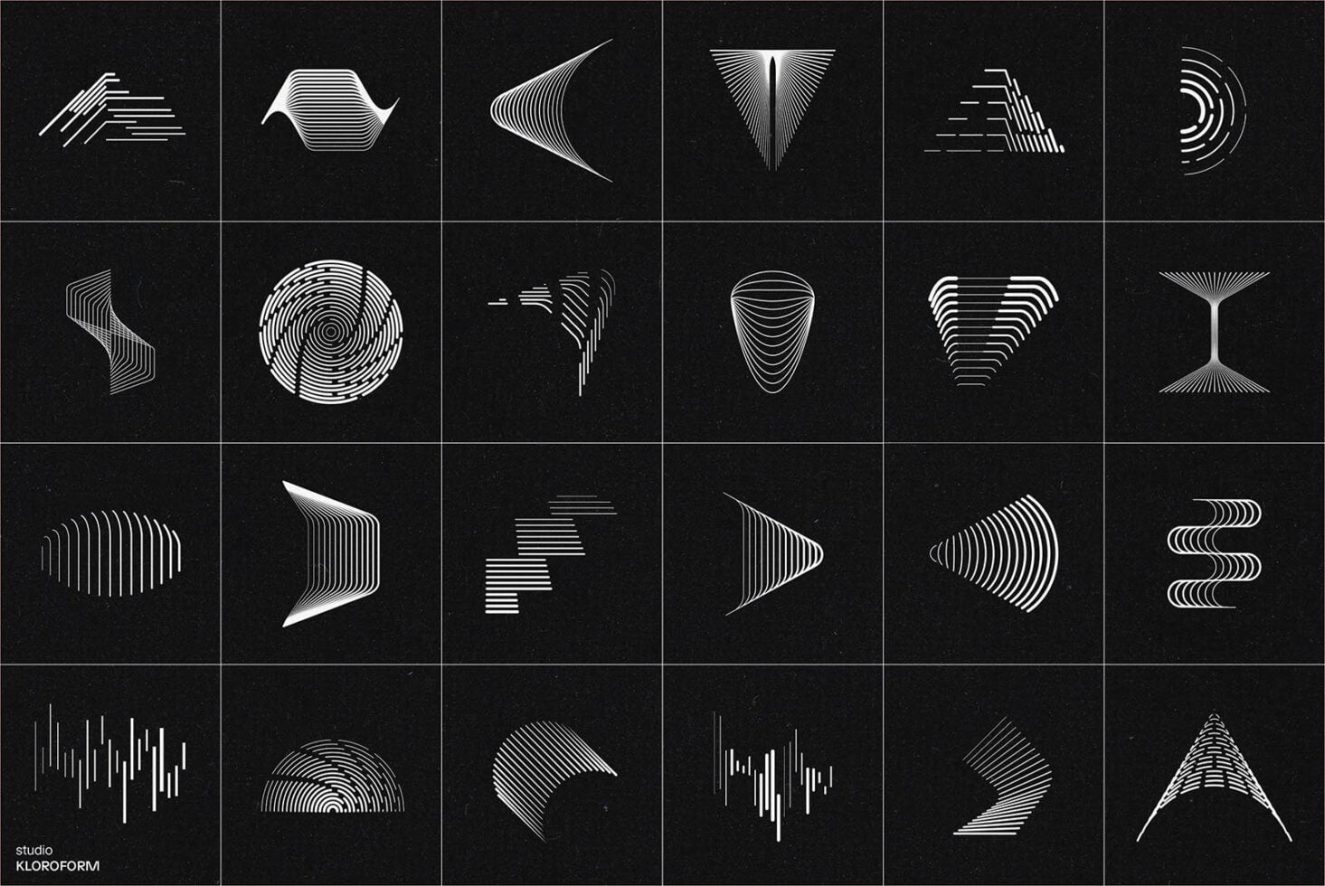Dark grid displaying 24 minimalist white line designs, various abstract geometric forms