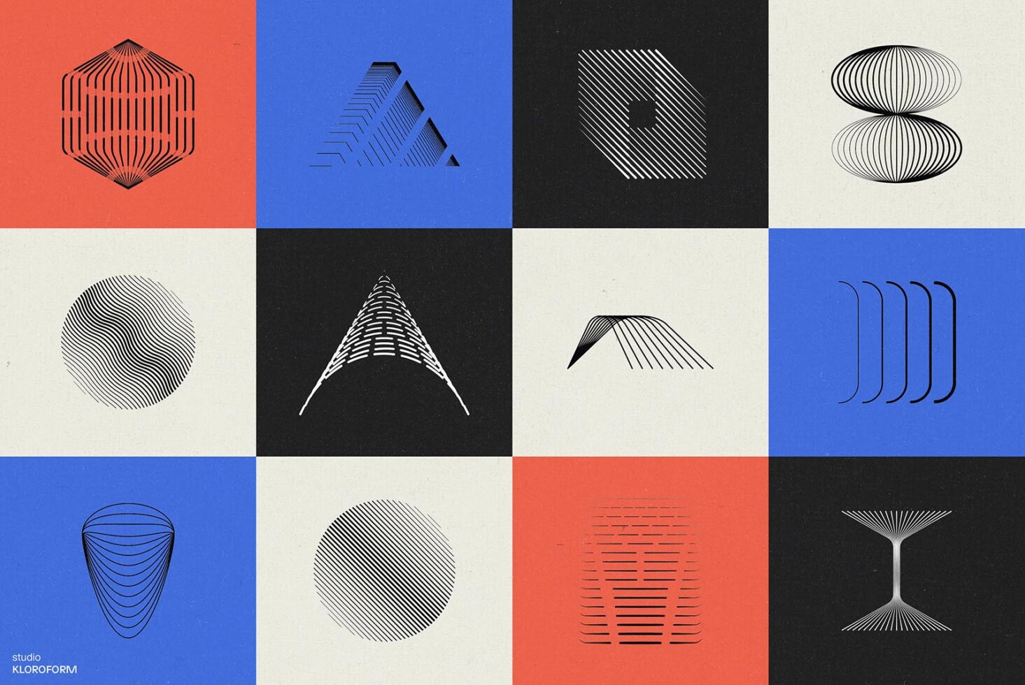 Four colorful geometric line designs on red, blue, black, cream backgrounds