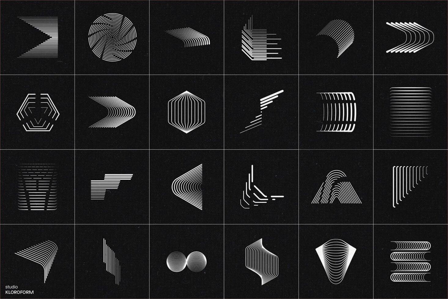 Dark grid with 24 white line-based geometric designs, abstract shapes with hatching